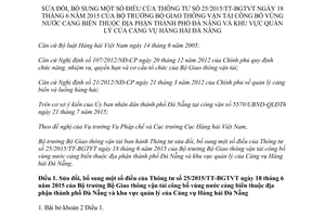 Thông tư 44/2015/TT-BGTVT sửa đổi 25/2015/TT-BGTVT Công bố vùng nước cảng biển Đà Nẵng