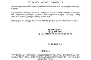 Thông báo 01/2017/TB-LPQT hiệu lực Hiệp định thành lập Ủy ban liên Chính phủ Việt Nam Pê ru