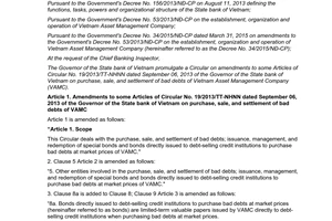 Circular No. 14/2015/TT-NHNN amendments 19/2013/TT-NHNN settlement of bad debts