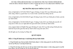 Quyết định 3110/QĐ-BGTVT công bố danh mục thủ tục hành chính được chuẩn hóa