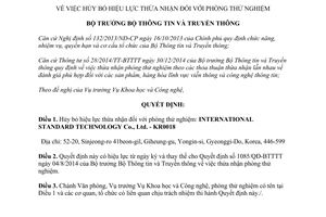 Quyết định 1447/QĐ-BTTTT hủy bỏ hiệu lực thừa nhận đối với phòng thử nghiệm