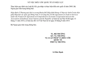 Thông báo 42/2015/TB-LPQT hiệu lực Hiệp định Thương mại dịch vụ Hiệp hội Đông Nam Á Ấn Độ