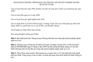 Thông tư 96/2015/TT-BQP chương trình đào tạo trung cấp chuyên nghiệp ngành quân sự cơ sở