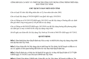 Quyết định 1981/QĐ-UBND Giá ca máy thiết bị thi công xây dung công trình Tây Ninh 2015