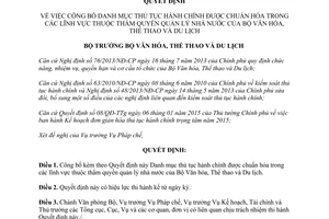 Quyết định 2957/QĐ-BVHTTDL thủ tục hành chính chuẩn hóa Bộ Văn hóa Thể thao Du lịch 2016