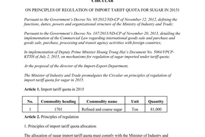Circular No. 25/2015/TT-BCT on principles of regulation of import tariff quota for sugar in 2015