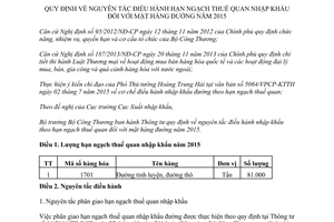 Thông tư 25/2015/TT-BCT nguyên tắc điều hành hạn ngạch thuế quan nhập khẩu mặt hàng đường 2015