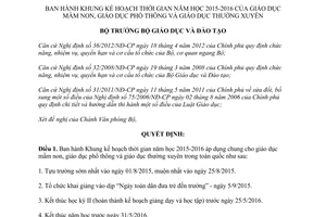 Quyết định 2797/QĐ-BGDĐT 2015 Khung kế hoạch 2015 2016 giáo dục mầm non phổ thông thường xuyên