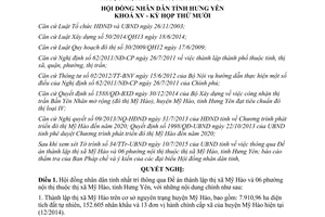 Nghị quyết 17/2015/NQ-HĐND thành lập thị xã Mỹ Hào 06 phường nội thị thuộc thị xã Mỹ Hào Hưng Yên