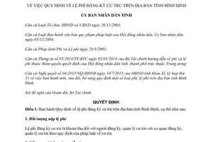 Quyết định 22/2015/QĐ-UBND lệ phí đăng ký cư trú Bình Định