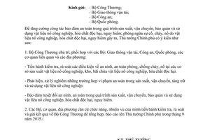 Công văn 1429/TTg-NC 2015 an toàn sản xuất vận chuyển vật liệu nổ công nghiệp hóa chất độc hại