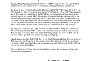 Công văn 3201/TCT-DNL 2015 khấu trừ thuế giá trị gia tăng đầu vào của các tổ chức tín dụng