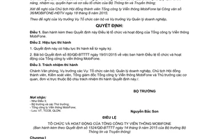 Quyết định 1524/QĐ-BTTTT Điều lệ tổ chức hoạt động tổng công ty viễn thông mobiFone 2015