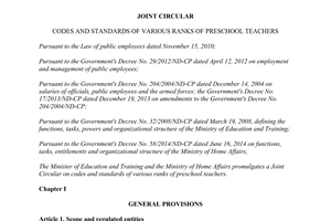Joint Circular 20/2015/TTLT-BGDDT-BNV codes standards of various ranks of preschool teachers