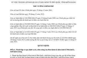 Quyết định 1588/QĐ-TTg thành lập Ban Quản lý Khu kinh tế Phú Quốc tỉnh Kiên Giang 2015