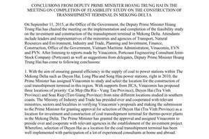 Announcement No. 315/TB-VPCP feasibility study on the construction of transshipment terminal in Mekong Delta