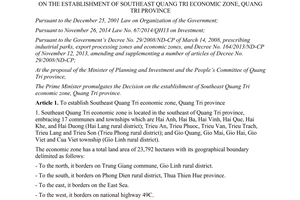 Decision No. 42/2015/QD-TTg establishment southeast Quang Tri economic zone