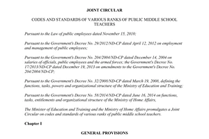 Joint Circular 22/2015/TTLT-BGDDT-BNV codes standards various ranks public middle school teachers