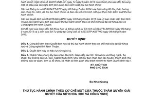 Quyết định 1992/QĐ-UBND thủ tục hành chính theo cơ chế một cửa sở khoa học công nghệ Ninh Thuận 2015