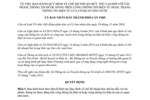 Quyết định 22/2015/QĐ-UBND nhuận bút thù lao tác phẩm thông tin trên cổng thông tin điện tử Cần Thơ