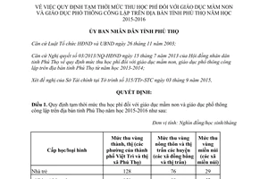 Quyết định 14/2015/QĐ-UBND mức học phí tạm thời giáo dục mầm non phổ thông công lập Phú Thọ