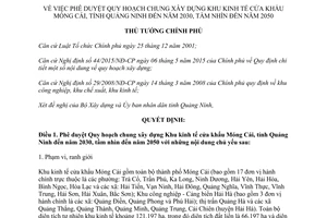 Quyết định 1626/QĐ-TTg phê duyệt Quy hoạch chung Khu kinh tế cửa khẩu Móng Cái Quảng Ninh