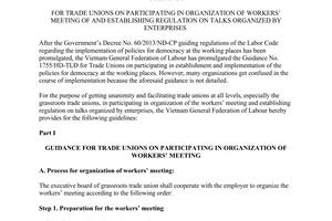 Guidance No. 1499/HD-TLD trade unions participating in workers meeting establishing talks organized