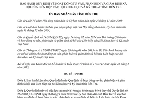 Quyết định 26/2015/QĐ-UBND tư vấn phản biện giám định xã hội hiệp hội khoa học kỹ thuật Bến Tre