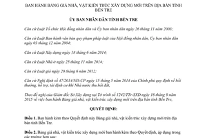 Quyết định 27/2015/QĐ-UBND Bảng giá nhà vật kiến trúc xây dựng mới Bến Tre