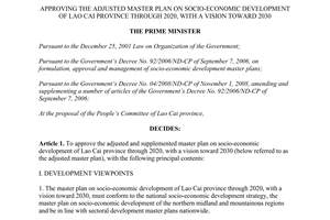 Decision No. 1636/QD-TTg The adjusted master plan socio-economic development Lao Cai 2020 2030 2015