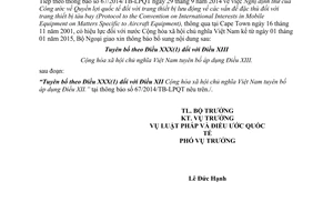 Thông báo 44/2015/TB-LPQT hiệu lực công ước quyền lợi quốc tế đối với trang thiết bị lưu động tàu bay