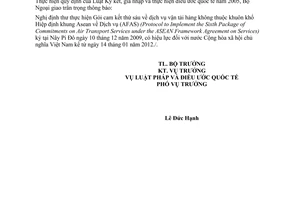 Thông báo 44/2015/TB-LPQT hiệu lực Nghị định thư thực hiện gói cam kết thứ sáu dịch vụ vận tải hàng không