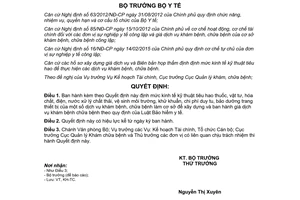 Quyết định 3955/QĐ-BYT định mức kinh tế kỹ thuật làm cơ sở xây dựng giá dịch vụ khám chữa bệnh 2015