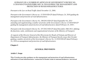 Circular No. 50/2015/TT-BGTVT guidance 111/2010/ND-CP management protection road infrastructures