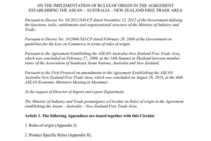 Circular No. 31/2015/TT-BCT rules of origin Agreement the Asean Australia New Zealand Free Trade Area