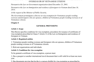 Decree No. 82/2015/ND-CP visa exemption for Vietnamese people residing overseas of Vietnamese citizens