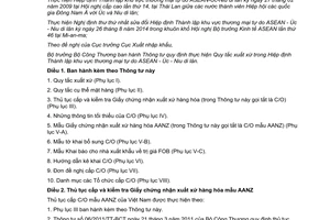 Thông tư 31/2015/TT-BCT xuất xứ hiệp định thành lập khu vực thương mại tự do ASEAN Úc Niu di lân