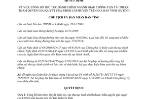 Quyết định 3723/QĐ-UBND thủ tục hành chính giao thông vận tải Hà Tĩnh 2015