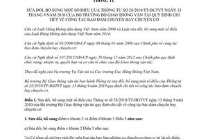 Thông tư 53/2015/TT-BGTVT sửa đổi 28/2010/TT-BGTVT công tác đảm bảo chuyến bay chuyên cơ