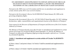 Circular 53/2015/TT-BGTVT amendment supplement 28/2010/TT-BGTVT laboration Dignitary flight governing