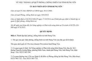 Quyết định 1828/QĐ-UBND thành lập Quỹ phòng chống thiên Hưng Yên 2015