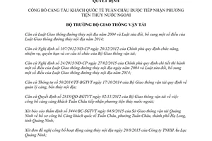 Quyết định 3465/QĐ-BGTVT Cảng tàu khách quốc tế Tuần Châu tiếp nhận phương tiện thủy nước ngoài 2015