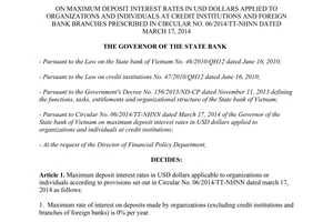 Decision No. 1938/QD-NHNN maximum deposit interest rates USD Dollars Credit Institutions Foreign Bank