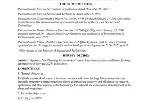Decision No.1670/QĐ-TTg 2015 network of research institutes centers biotechnology laboratories 2025