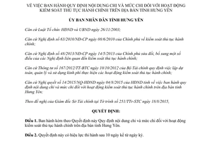 Quyết định 18/2015/QĐ-UBND mức chi hoạt động kiểm soát thủ tục hành chính Hưng Yên