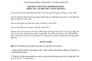 Nghị quyết 18/2015/NQ-HĐND8 Kế hoạch điều chỉnh đầu tư công năm 2015 Bình Dương