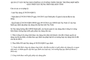 Hướng dẫn 1645/HD-SXD xây dựng nhà ở riêng lẻ ở nông thôn miễn giấy phép xây dựng Tây Ninh 2015