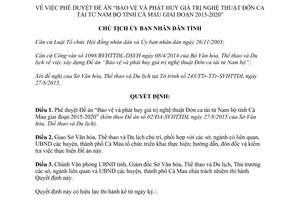 Quyết định 1438/QĐ-UBND Bảo vệ phát huy giá trị nghệ thuật đờn ca tài tử Nam bộ Cà Mau 2015