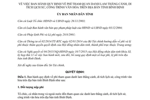 Quyết định 32/2015/QĐ-UBND phí tham quan danh lam di tích lịch sử công trình văn hóa Bình Định