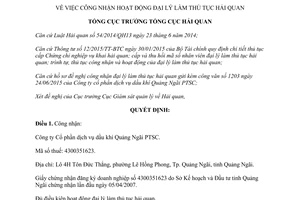 Quyết định 2549/QĐ-TCHQ công nhận hoạt động đại lý làm thủ tục hải quan 2015